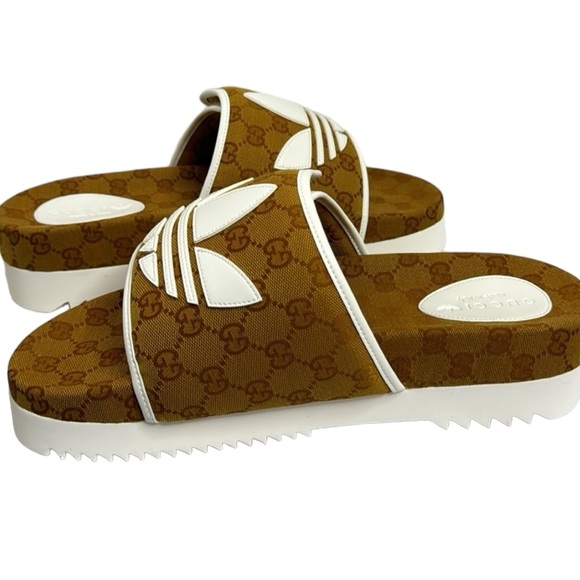 GUCCI NWT TAN BROWN WHITE MEN’S ADIDAS SLIDE SANDALS SIZE 11 MADE IN ITALY - Picture 8 of 11